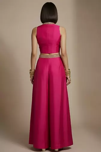 Pink embroidered raw silk co ord set