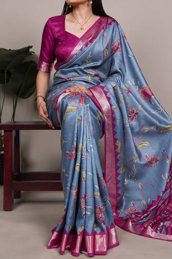 Grey color  Printed Tasar Silk With Viscose Border Saree