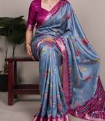 Grey color  Printed Tasar Silk With Viscose Border Saree