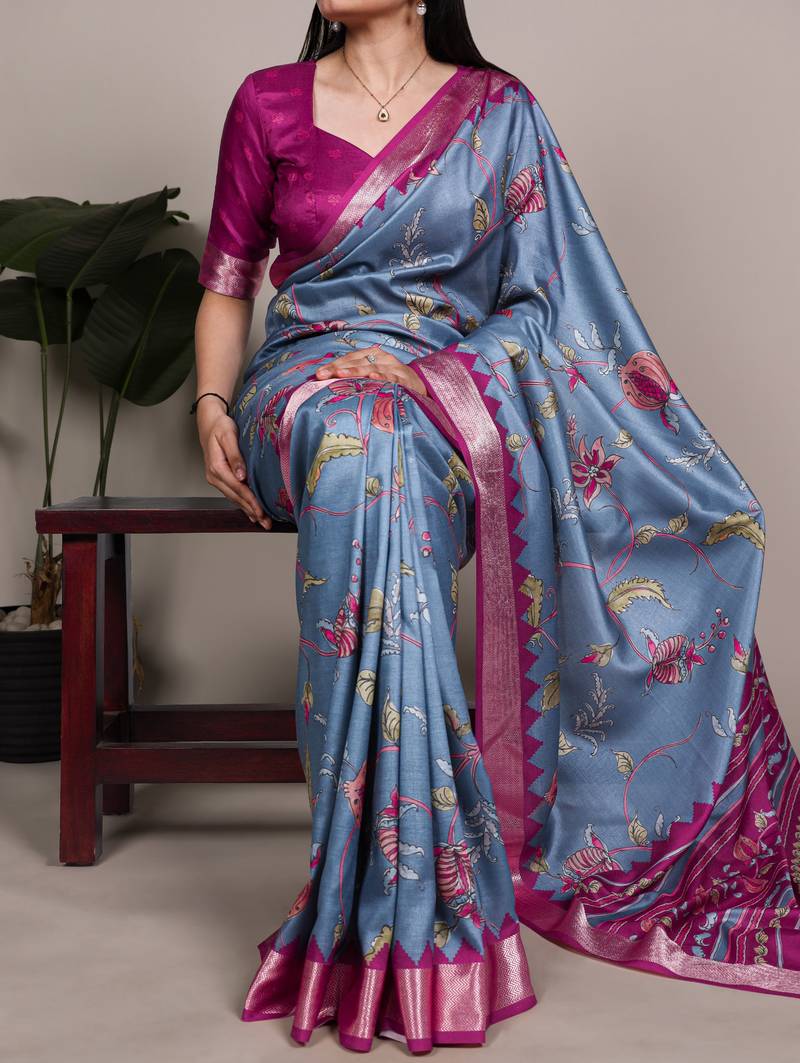 Grey color  Printed Tasar Silk With Viscose Border Saree