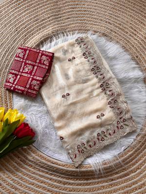 cream shimmer silk embroidered saree with red blouse 1