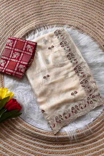 Creem color embroidery Work shimmer  Silk saree