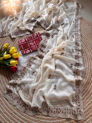 cream shimmer silk embroidered saree with red blouse 3
