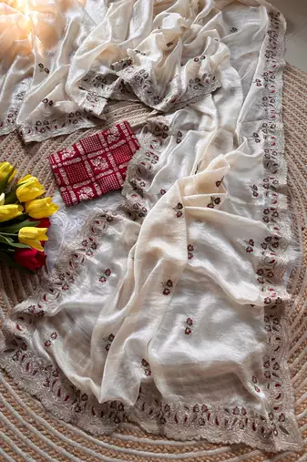 cream shimmer silk embroidered saree with red blouse