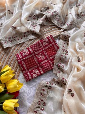 cream shimmer silk embroidered saree with red blouse 5