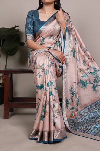 Cream color  Printed Tasar Silk With Viscose Border Saree