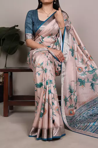 Cream color  Printed Tasar Silk With Viscose Border Saree