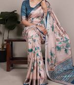 Cream color  Printed Tasar Silk With Viscose Border Saree