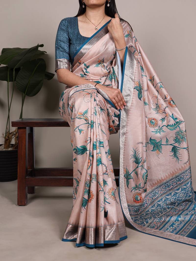 Cream color  Printed Tasar Silk With Viscose Border Saree