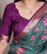 Teal color  Printed Tasar Silk With Viscose Border Saree