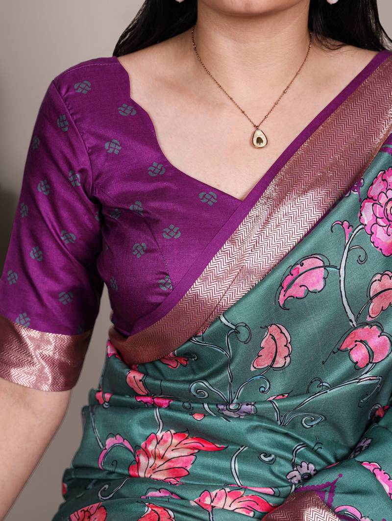 Teal color  Printed Tasar Silk With Viscose Border Saree