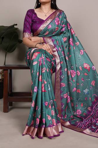 Teal color  Printed Tasar Silk With Viscose Border Saree
