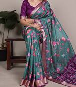 Teal color  Printed Tasar Silk With Viscose Border Saree