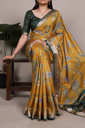 Yellow color  Printed Tasar Silk With Viscose Border Saree