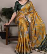 Yellow color  Printed Tasar Silk With Viscose Border Saree