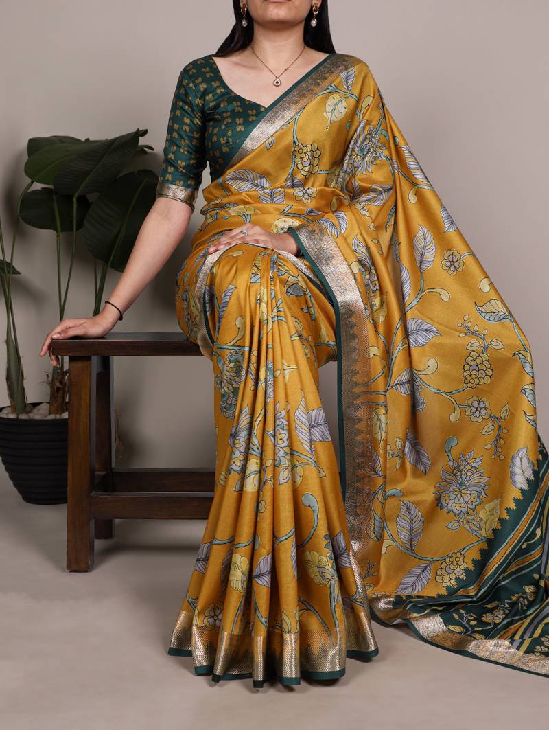 Yellow color  Printed Tasar Silk With Viscose Border Saree