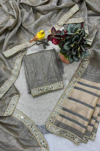 Pure spun cotton with zari woven work real mirror lace saree with blouse