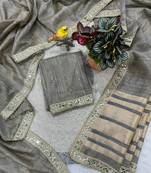 grey pure spun cotton mirror work saree