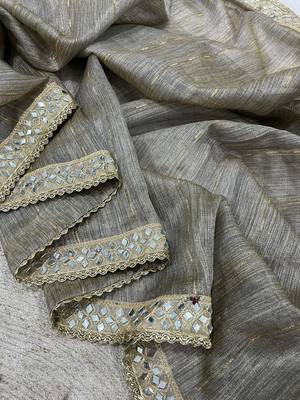 grey pure spun cotton mirror work saree 2