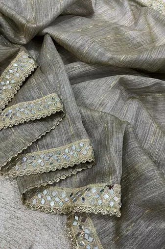 grey pure spun cotton mirror work saree