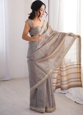 grey pure spun cotton mirror work saree 3