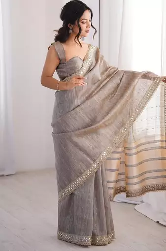 grey pure spun cotton mirror work saree