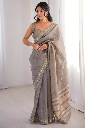 grey pure spun cotton mirror work saree