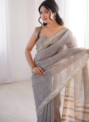 grey pure spun cotton mirror work saree 5