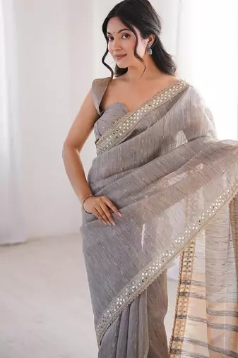 grey pure spun cotton mirror work saree