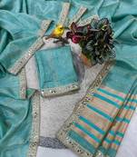 aqua blue pure spun cotton mirror work saree