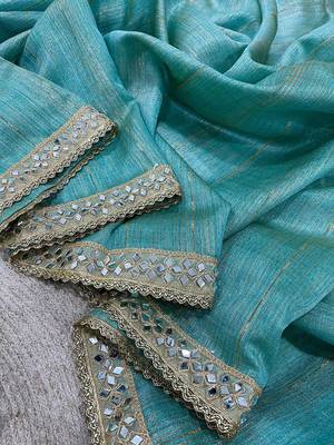 aqua blue pure spun cotton mirror work saree 2
