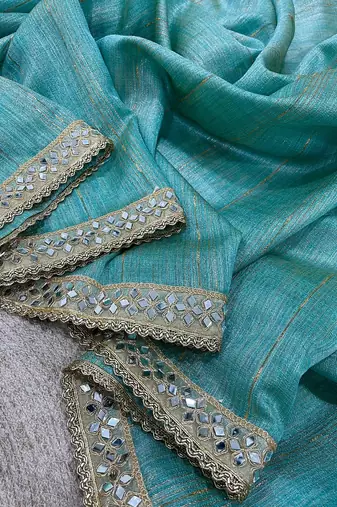 aqua blue pure spun cotton mirror work saree