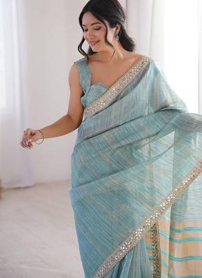 aqua blue pure spun cotton mirror work saree 3