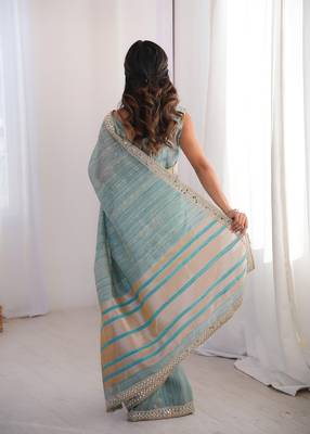 aqua blue pure spun cotton mirror work saree 5
