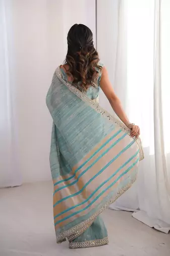 aqua blue pure spun cotton mirror work saree