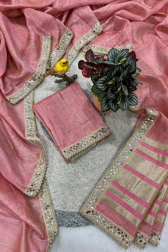 Pure spun cotton with zari woven work real mirror lace saree with blouse