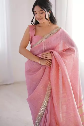 pink pure spun cotton mirror work saree