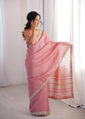 pink pure spun cotton mirror work saree 4