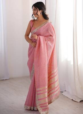 pink pure spun cotton mirror work saree 5