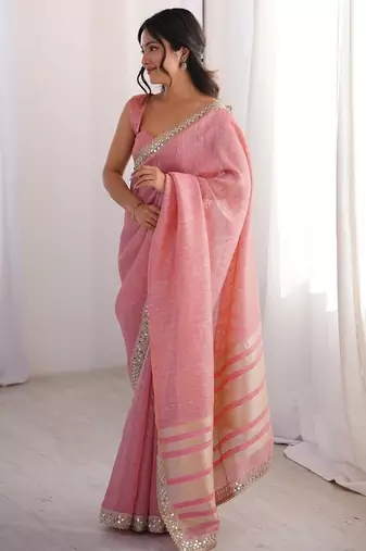 pink pure spun cotton mirror work saree