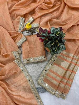 peach pure spun cotton mirror work saree 1
