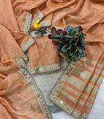 peach pure spun cotton mirror work saree