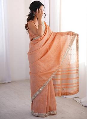 peach pure spun cotton mirror work saree 5