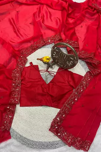 Red fendy silk multi sequence embroidered work saree with blouse