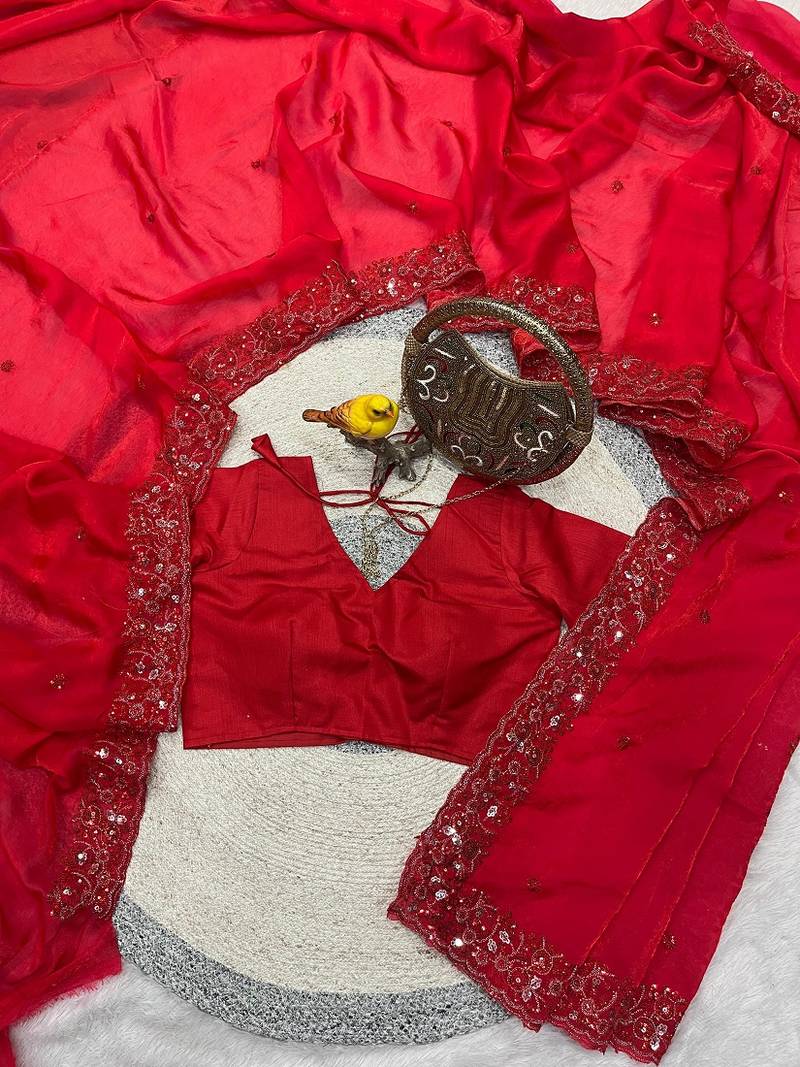 Red fendy silk multi sequence embroidered work saree with blouse