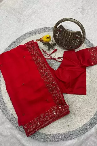 red fendy silk sequins embroidered saree