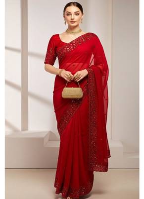 red fendy silk sequins embroidered saree 3