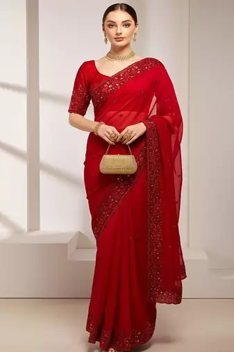 red fendy silk sequins embroidered saree