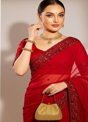 red fendy silk sequins embroidered saree 4