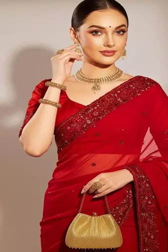 red fendy silk sequins embroidered saree